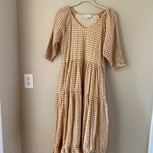 Bobbie Wren Boho Tiered Maxi Dress in Tan Check Print Large